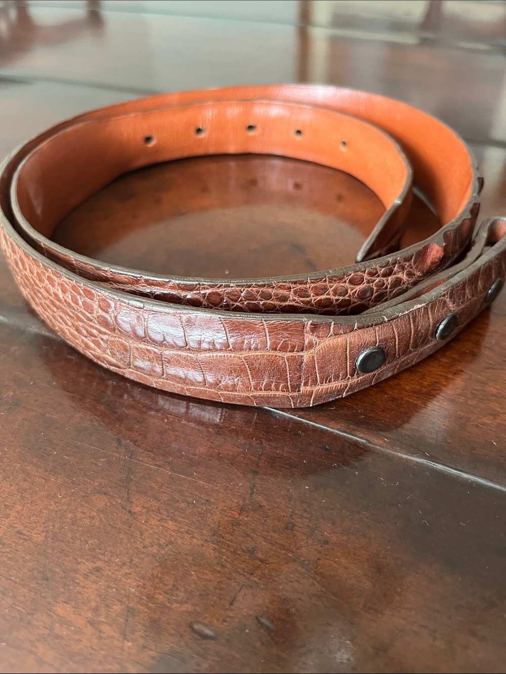 W. Kleinberg Croc-Embossed Leather Belt in Chestnut Brown